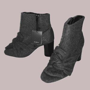 ZARA Dark Gray Wool Blend Bow Ankle Boots - Size 7.5